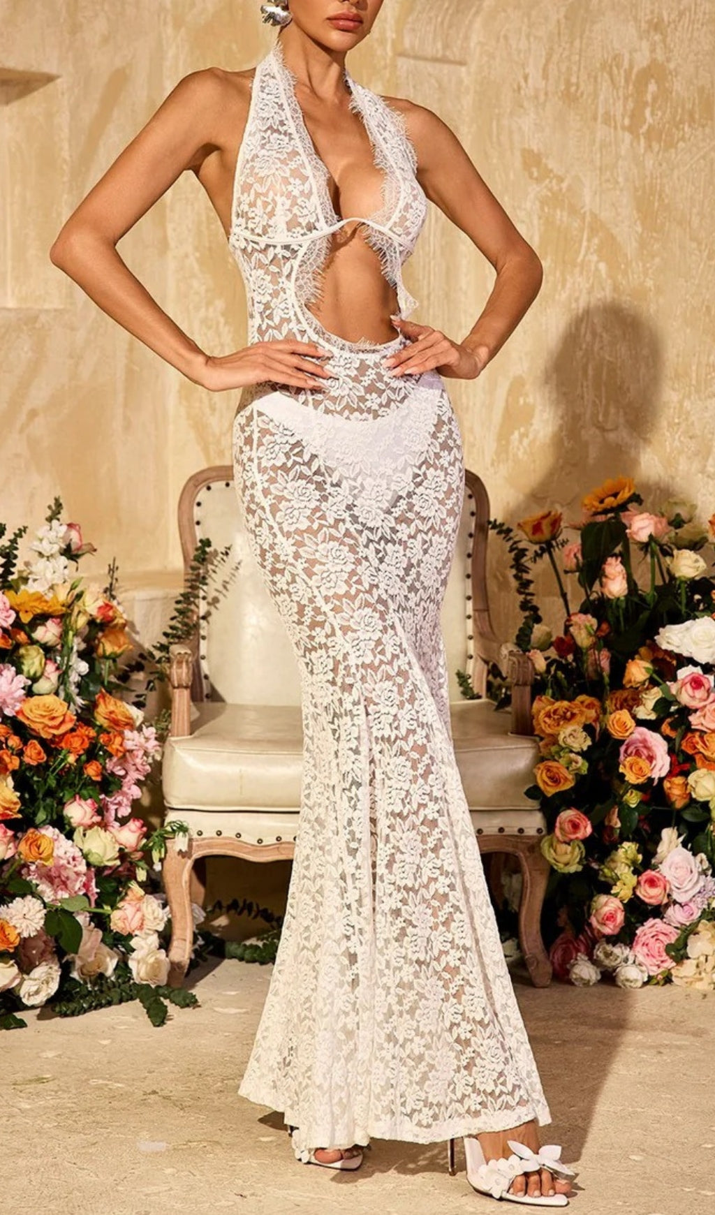 Ravhyx Halterneck Cutout Lace Maxi Dress Flowering Girl