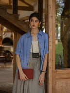 Blue Jacquard Striped Loose Flanged Striped Short-Sleeve Shirt Flowering Girl