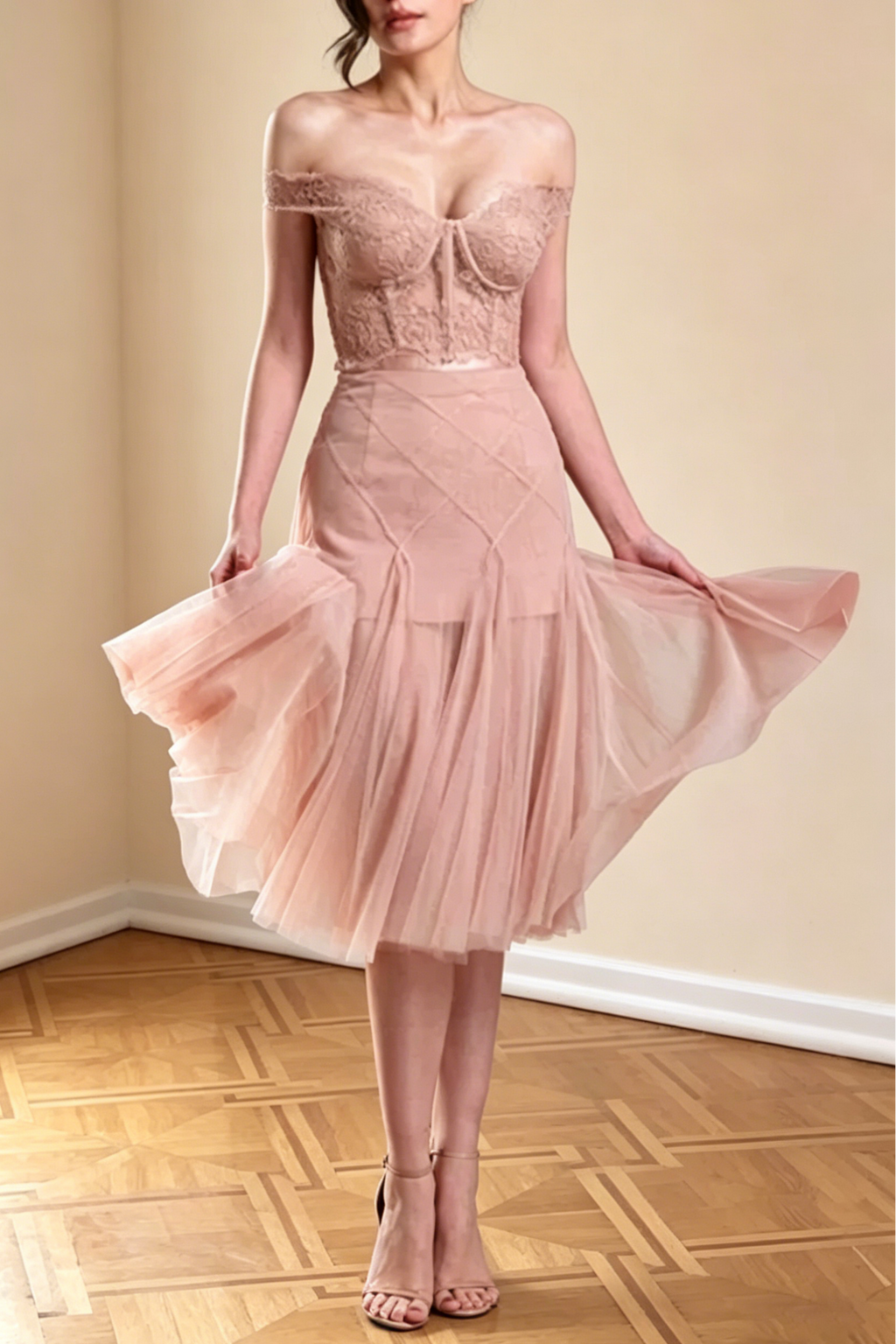 Floral Dentelle Off-Shoulder Bustier Corset Net Skirt Set In Pink Flowering Girl
