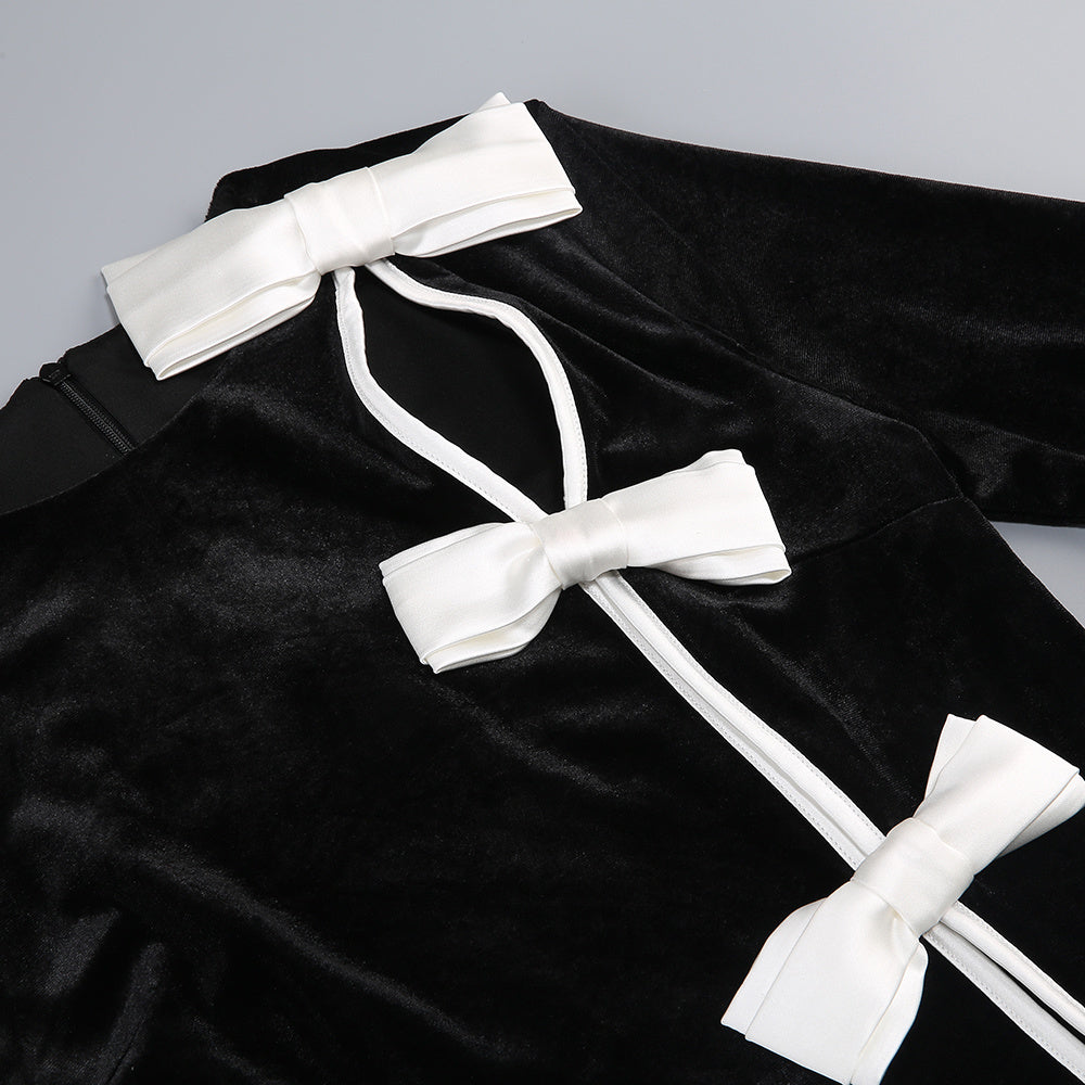 Victoria Bow Cascade Velvet Maxi Dress In Black Flowering Girl
