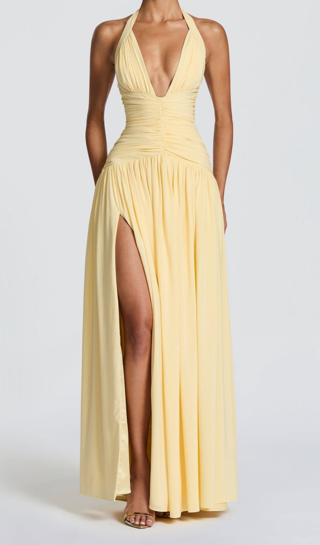 Kelley Yellow Halter Ruched Maxi Dress Flowering Girl