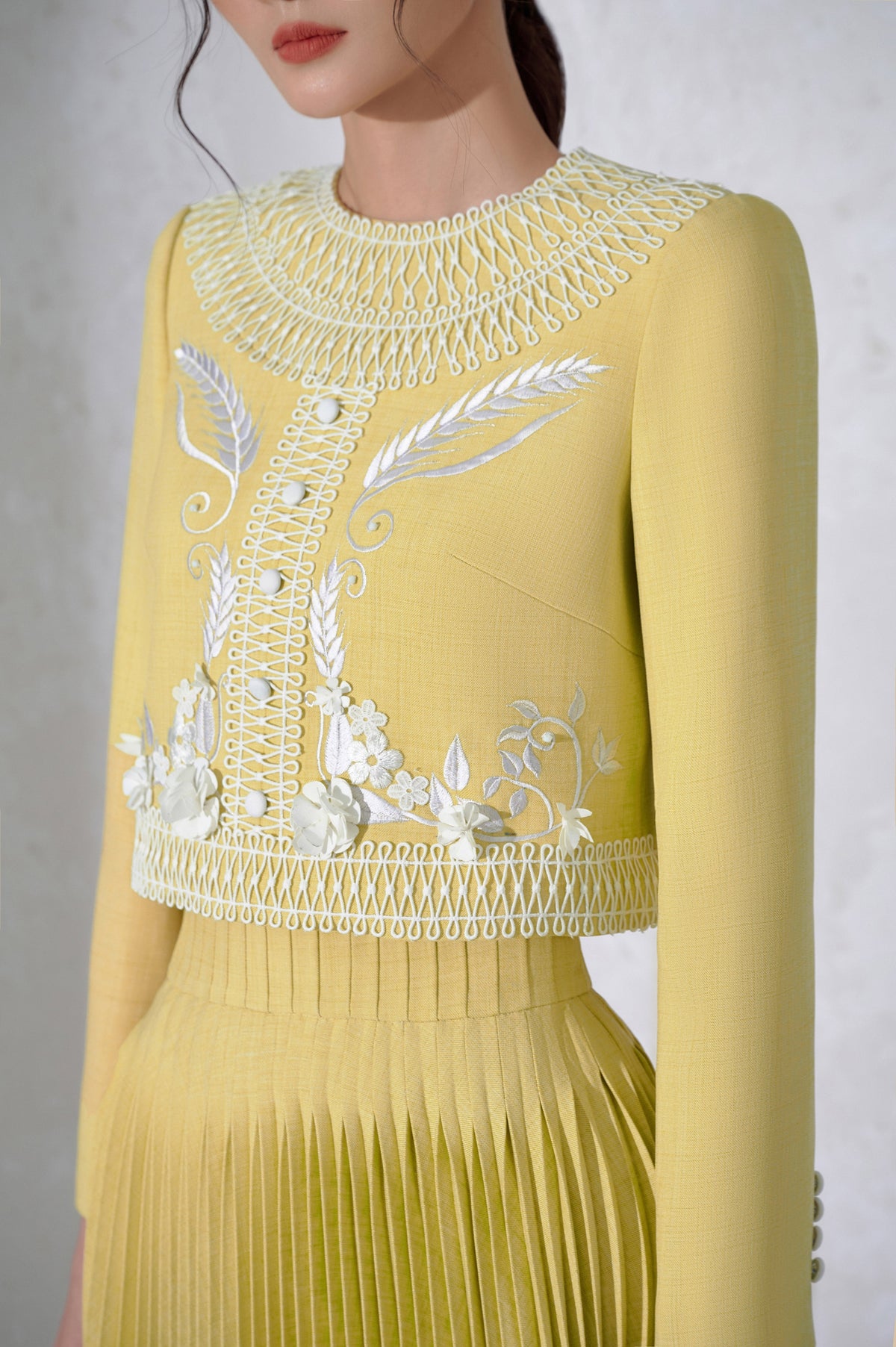 Draped Top Pleat Skirt Set In Yellow Flowering Girl