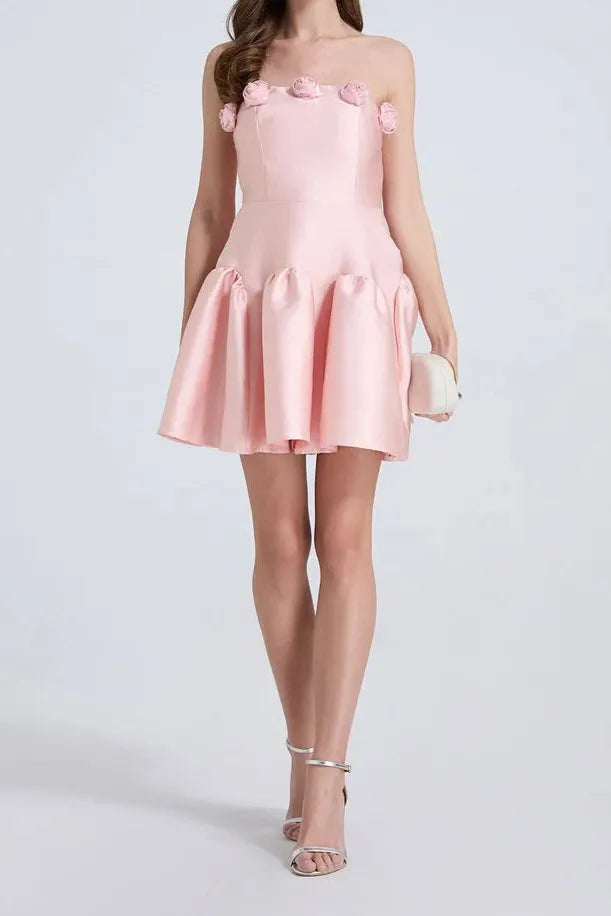 Tina flower strapless mini Dress in pink Flowering Girl