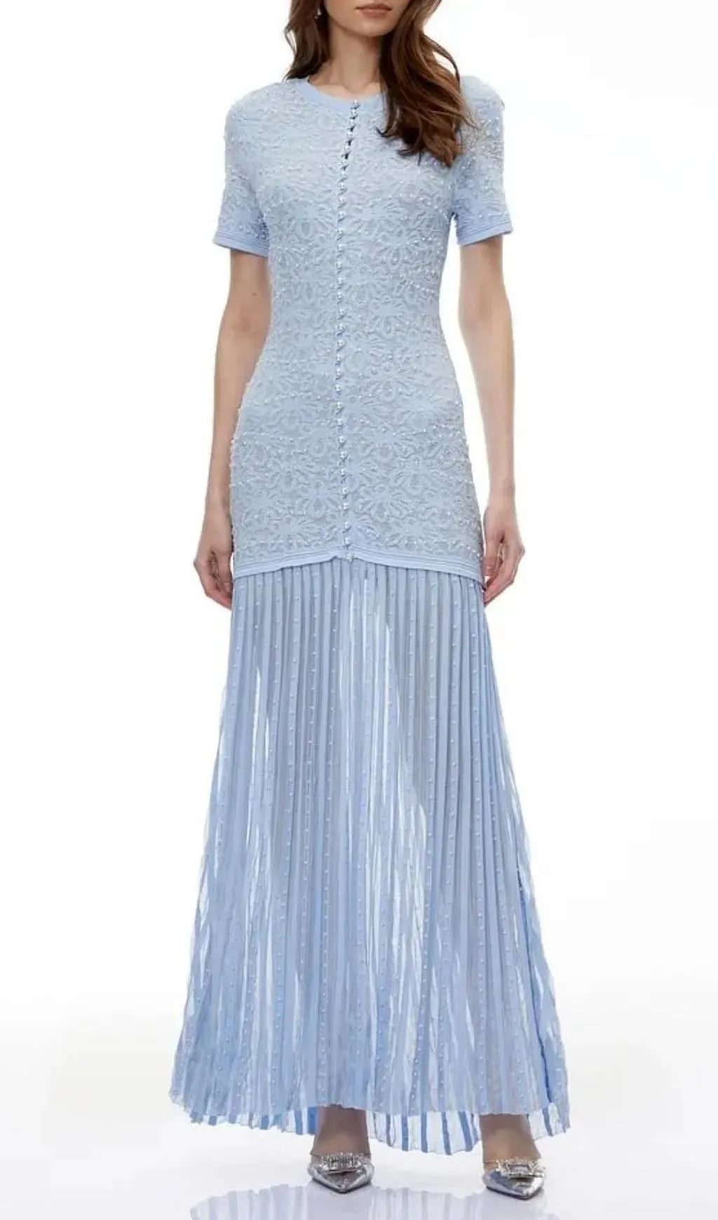 Pandora Embellished Pleated Maxi Dress - Blue Flowering Girl