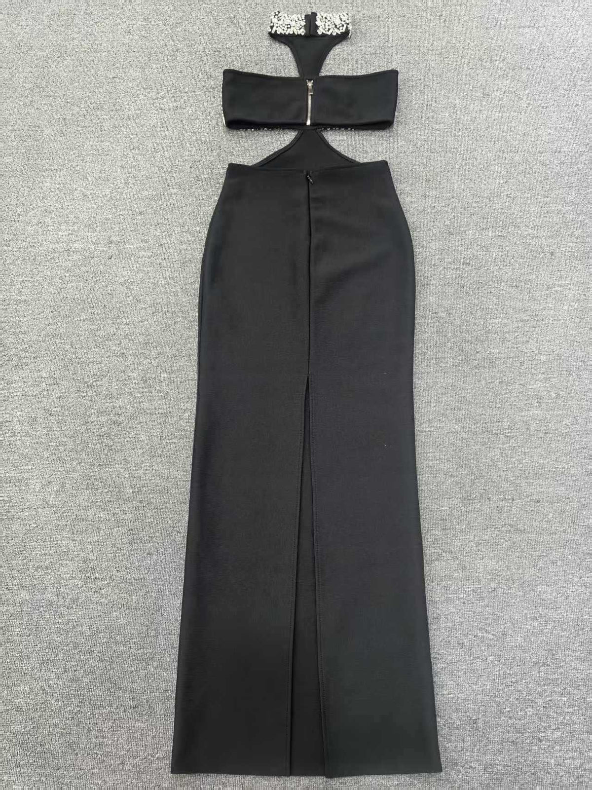 Gwendolyn Crystal Halter Cut Out Maxi Dress In Black Flowering Girl
