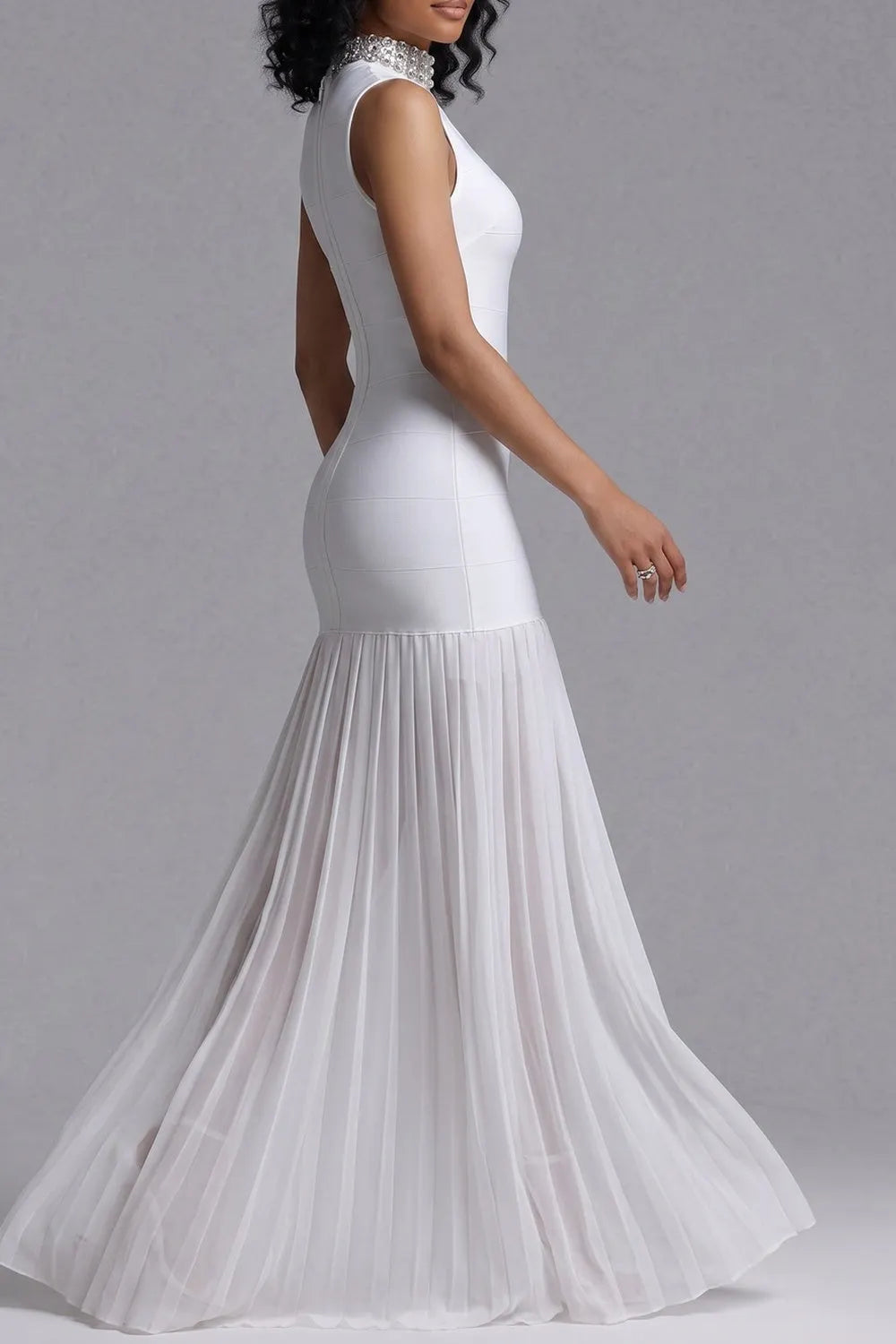 Rhinestone High Neck Sleeveless Bandage Chiffon Maxi Dress Flowering Girl