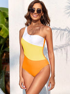 Tri-Color Colorblock One-Shoulder Swimsuit Flowering Girl