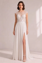 Illusion Cap Sleeve Floral Lace High Slit Chiffon Wedding Gown Flowering Girl