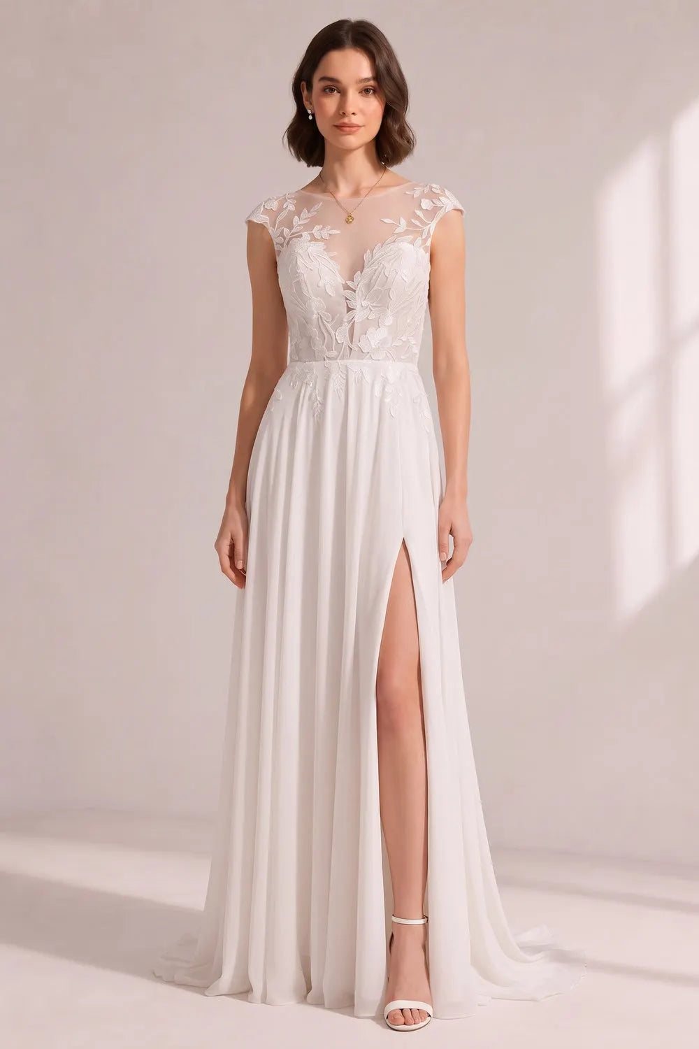 Illusion Cap Sleeve Floral Lace High Slit Chiffon Wedding Gown Flowering Girl