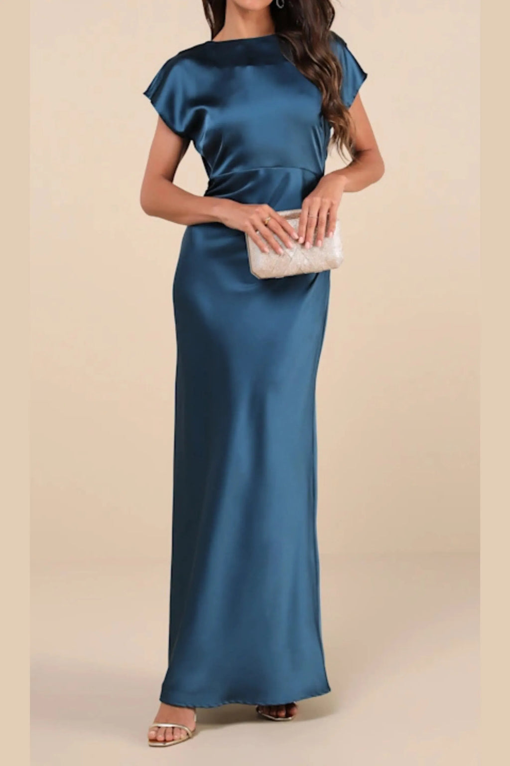Satin Cowl Back Maxi Dress In Dark Teal Flowering Girl