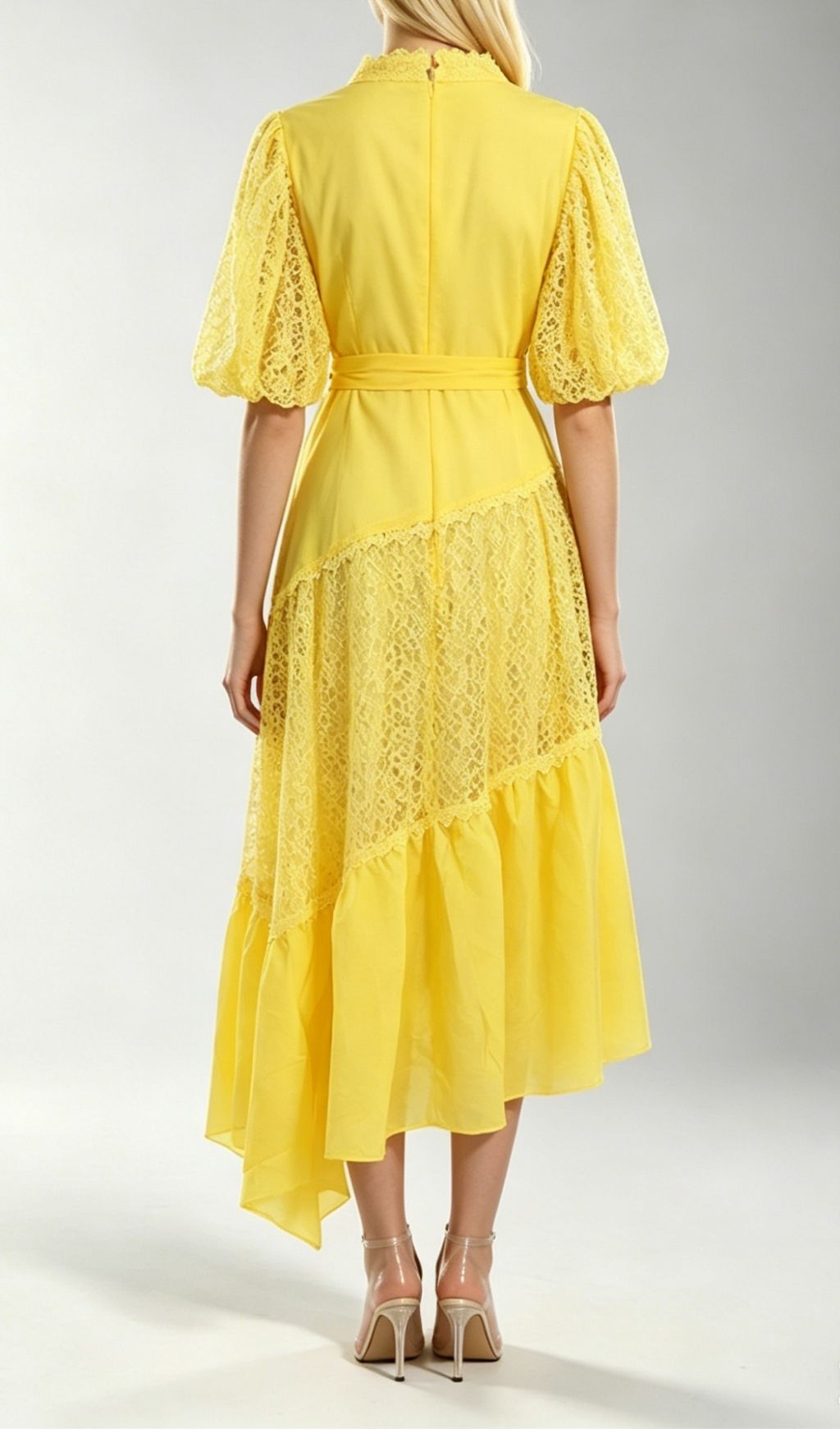 Klara Yellow Puff Sleeve Lace Midi Dress Flowering Girl