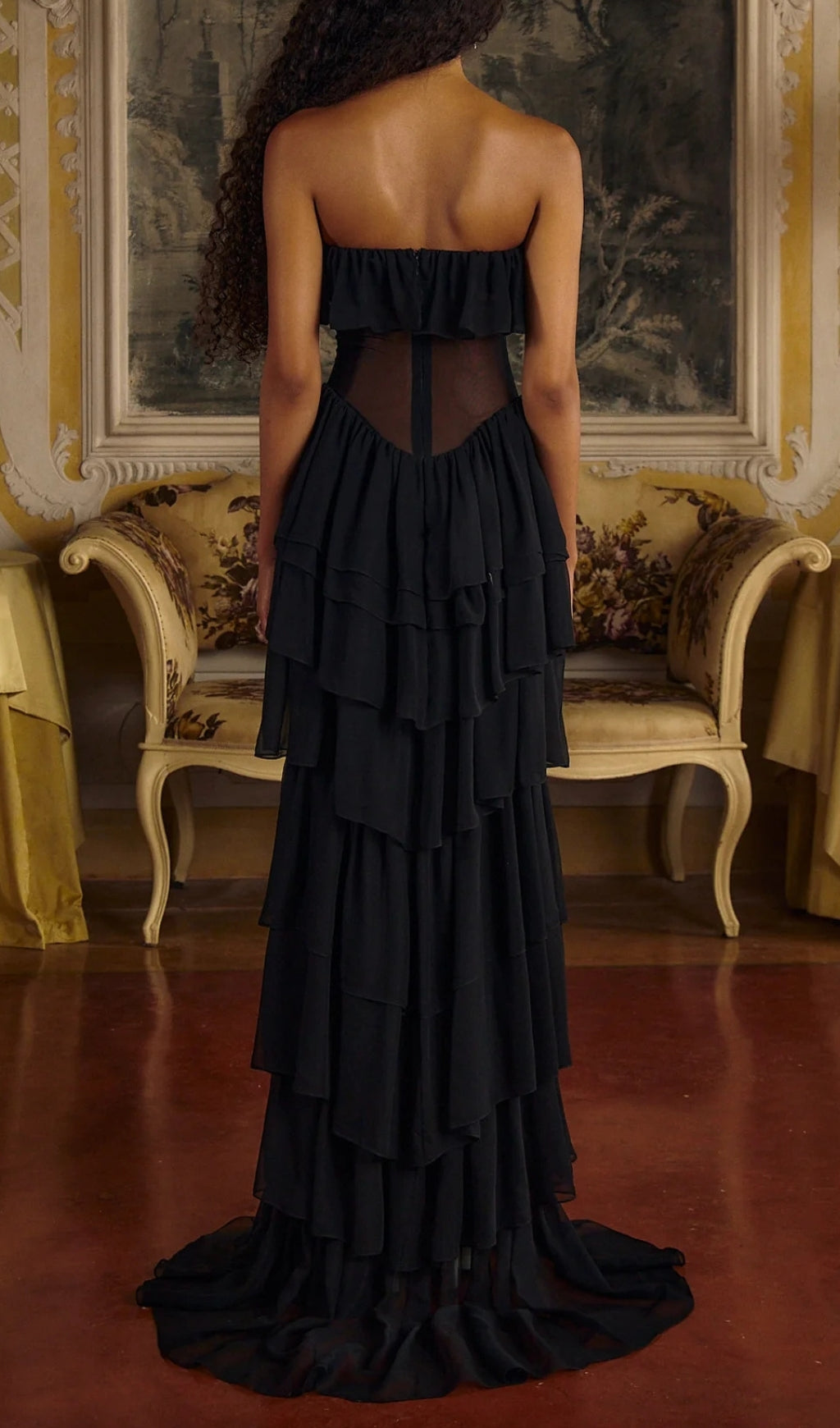 Angelie Black Ruffle Corset Maxi Dress Flowering Girl