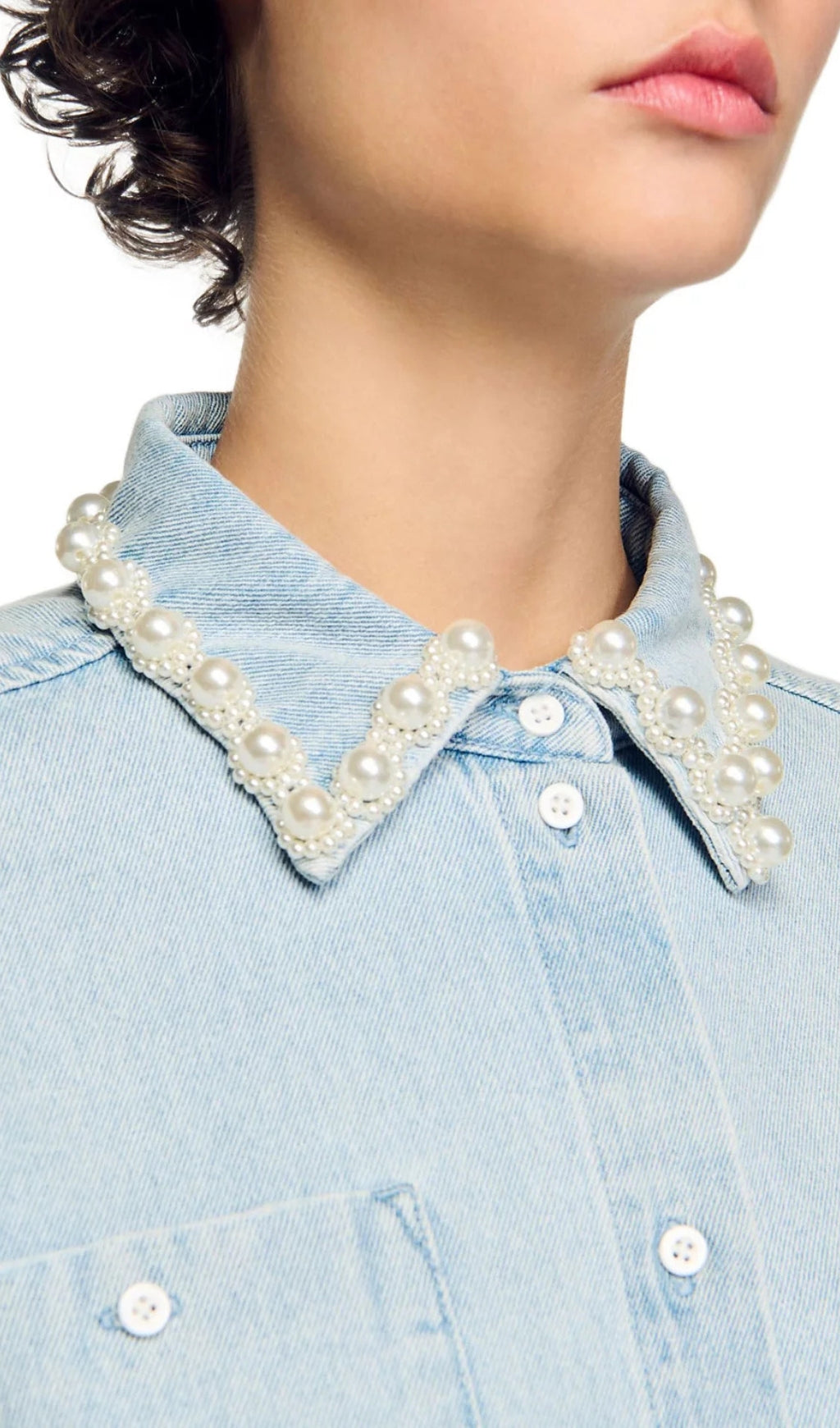 Beaded Collar Denim Shirt Flowering Girl