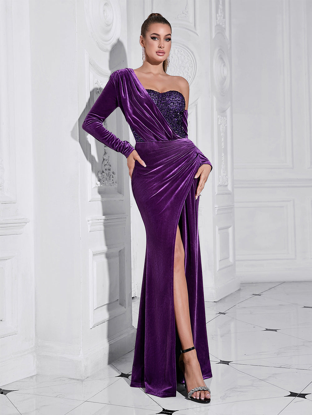 One Shoulder Sequin-Embellished Velvet Maxi Dress In Purple Flowering Girl