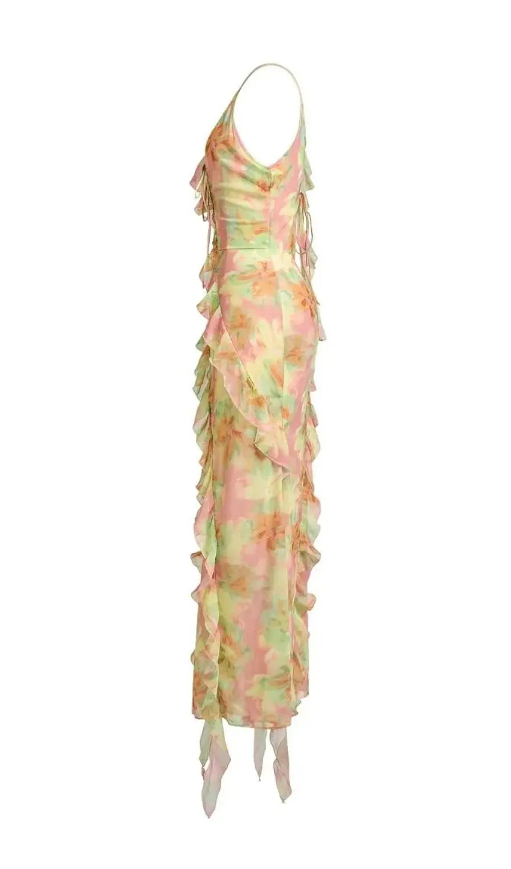 Jessie Tie Dye V-Neck Ruffle Tie-Up Midi Dress Flowering Girl