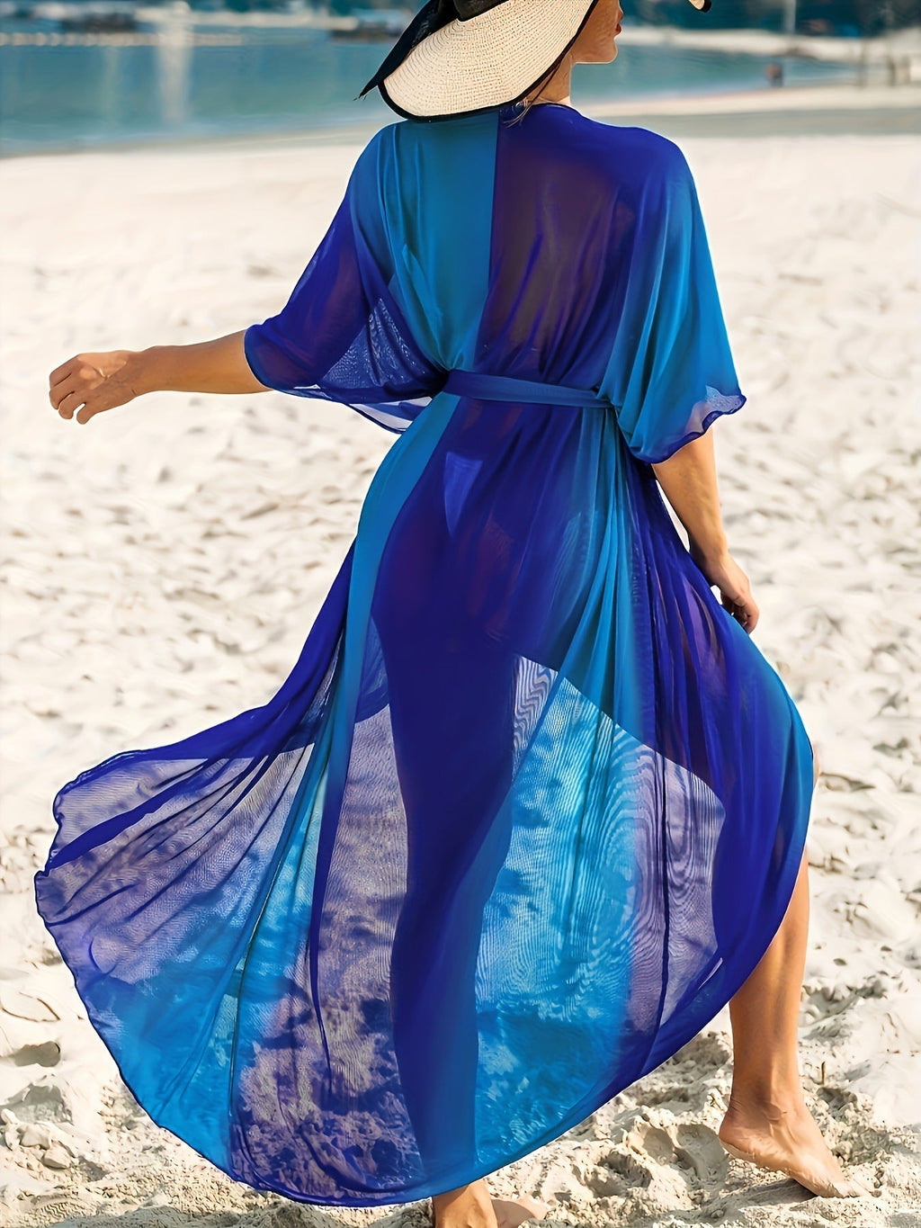 Belinda Plus Size Slimming Beach Cover-Up——Blue Flowering Girl