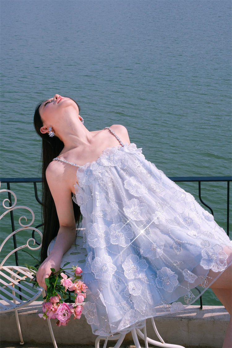 Tutu Light Blue Sleeveless Flower Diamond Short Doll Dress Flowering Girl