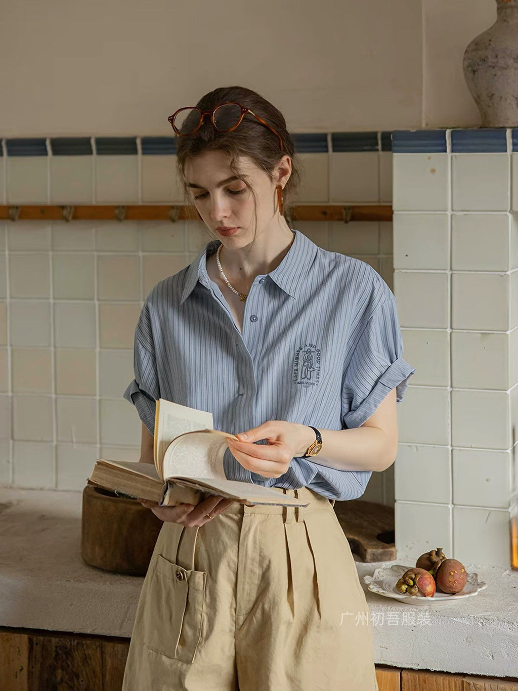 Blue Embroidery Casual Versatile Short Sleeve Striped Shirt Flowering Girl