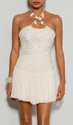 Brenvo Halterneck Sequin Ruched Mini Dress Flowering Girl