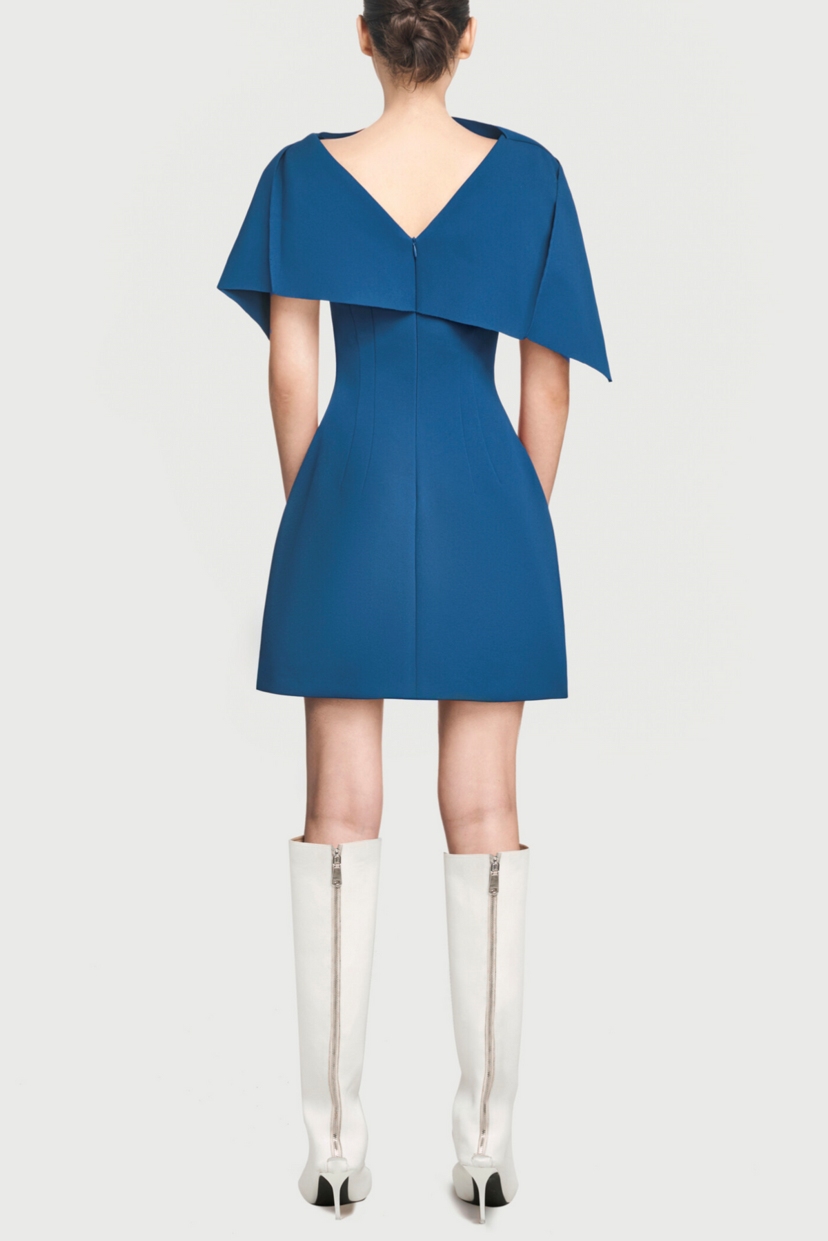 Asymmetrical Shoulder Pleat Mini Dress - Blue Flowering Girl