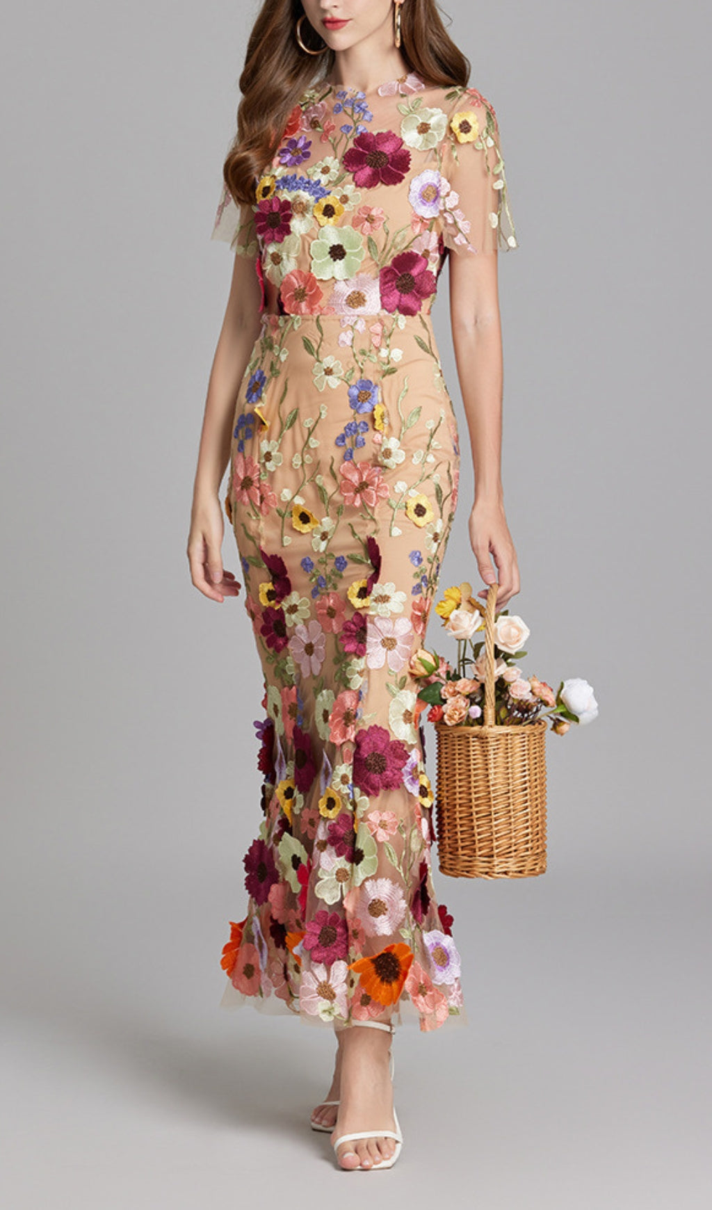 Carol Floral Embroidery Mesh Fishtail Midi Dress Flowering Girl
