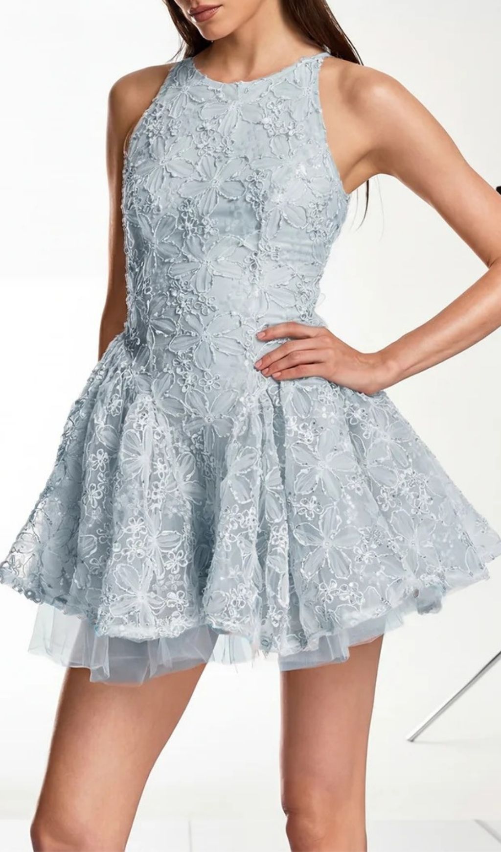 Katsumi Blue Halter Lace Flower Mini Dress Flowering Girl