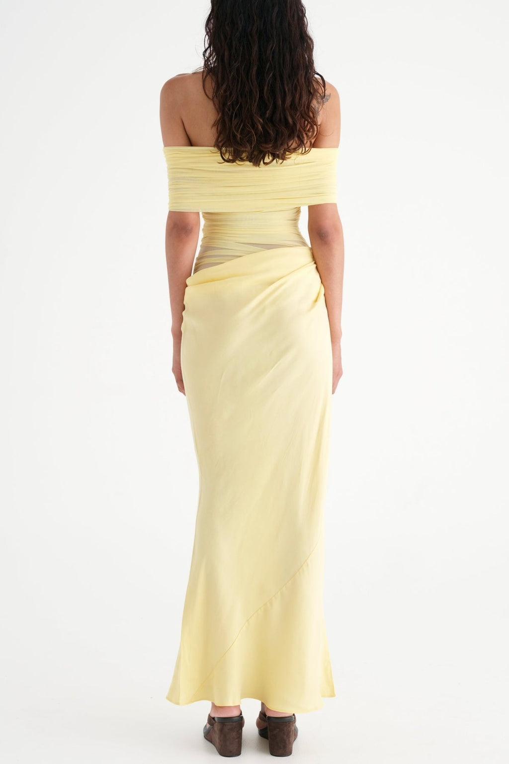 Reanko Off Shoulder Ruched Mesh Maxi Dress - Yellow Flowering Girl