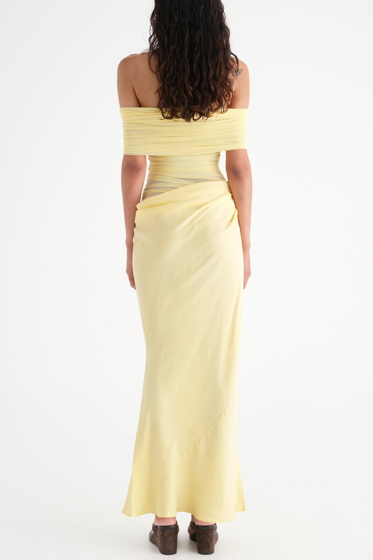 Reanko Off Shoulder Ruched Mesh Maxi Dress - Yellow Flowering Girl