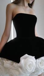 flower-embellished-hem black strapless mini dress Flowering Girl