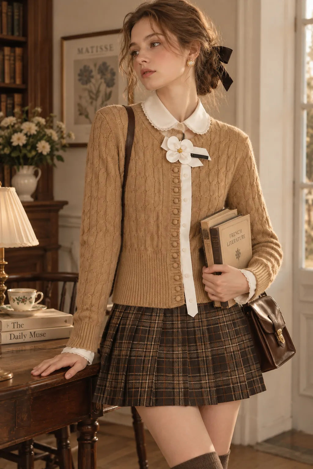 Beige Knit Cropped, Fitted Cardigan Flowering Girl