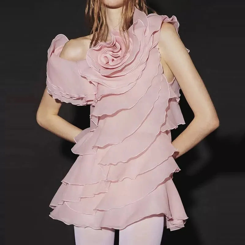 Shelyn Flower One Shoulder Ruffle Mini Dress - Pink Flowering Girl