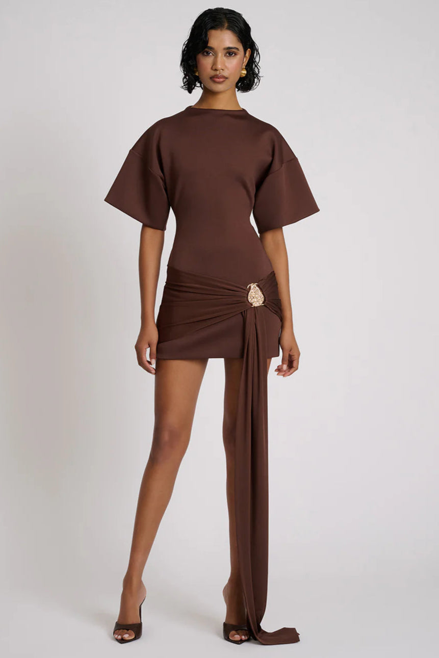 Draped Embellished Mini Dress - Brown Flowering Girl