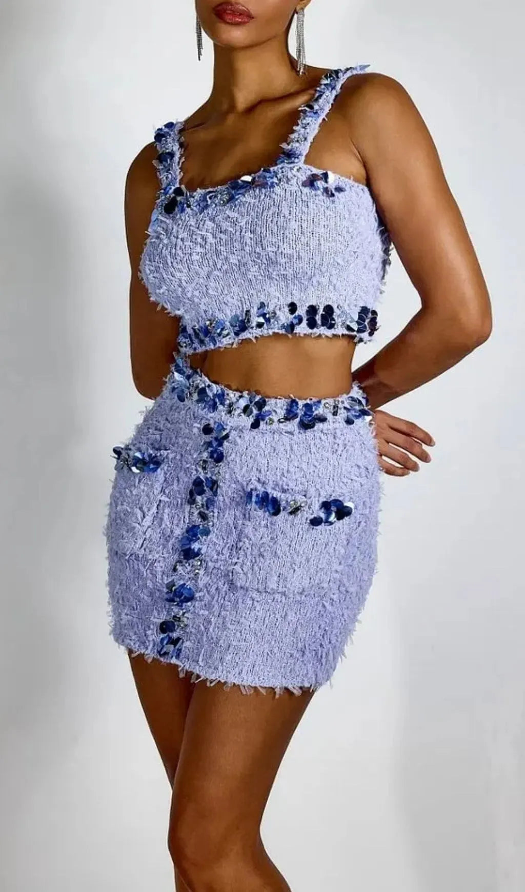 Dolores Purple Sequin Embellished Crop Top & Mini Skirt Set Flowering Girl