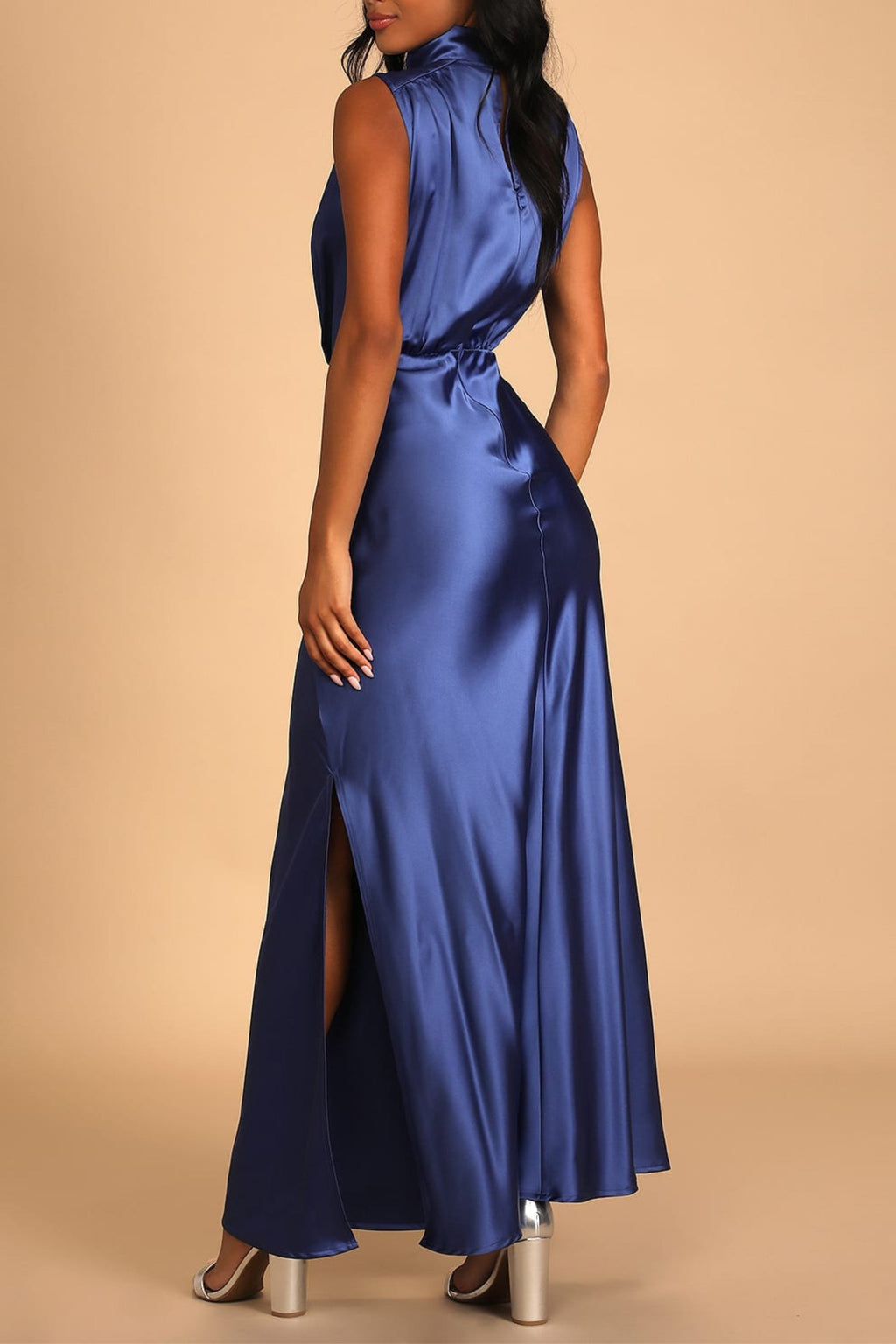 Blue Satin Sleeveless Mock Neck Maxi Dress Flowering Girl