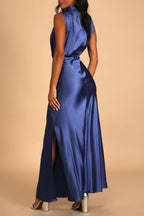Blue Satin Sleeveless Mock Neck Maxi Dress Flowering Girl