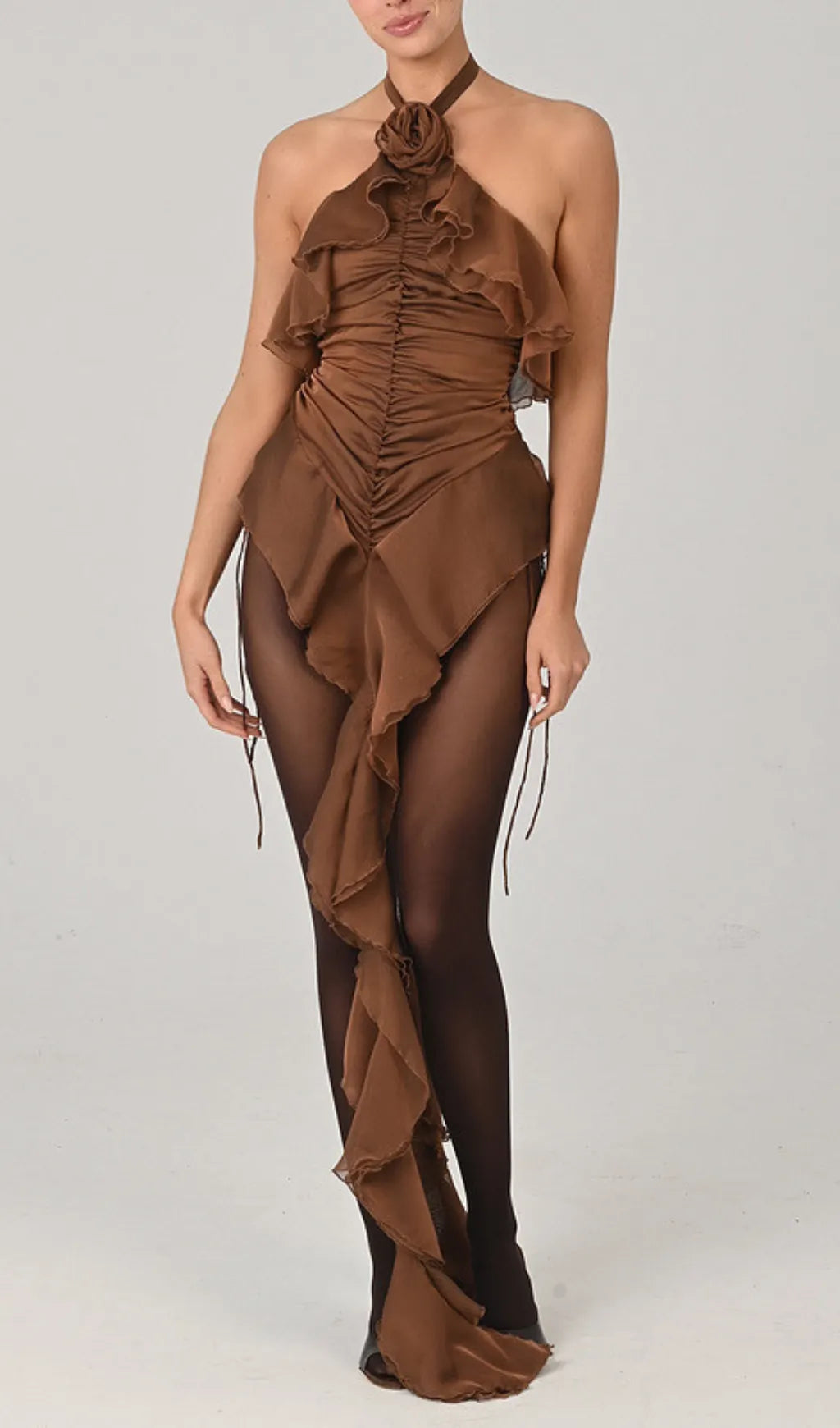 Estelle Brown Flower Halter Ruched Ruffle Mini Dress Flowering Girl