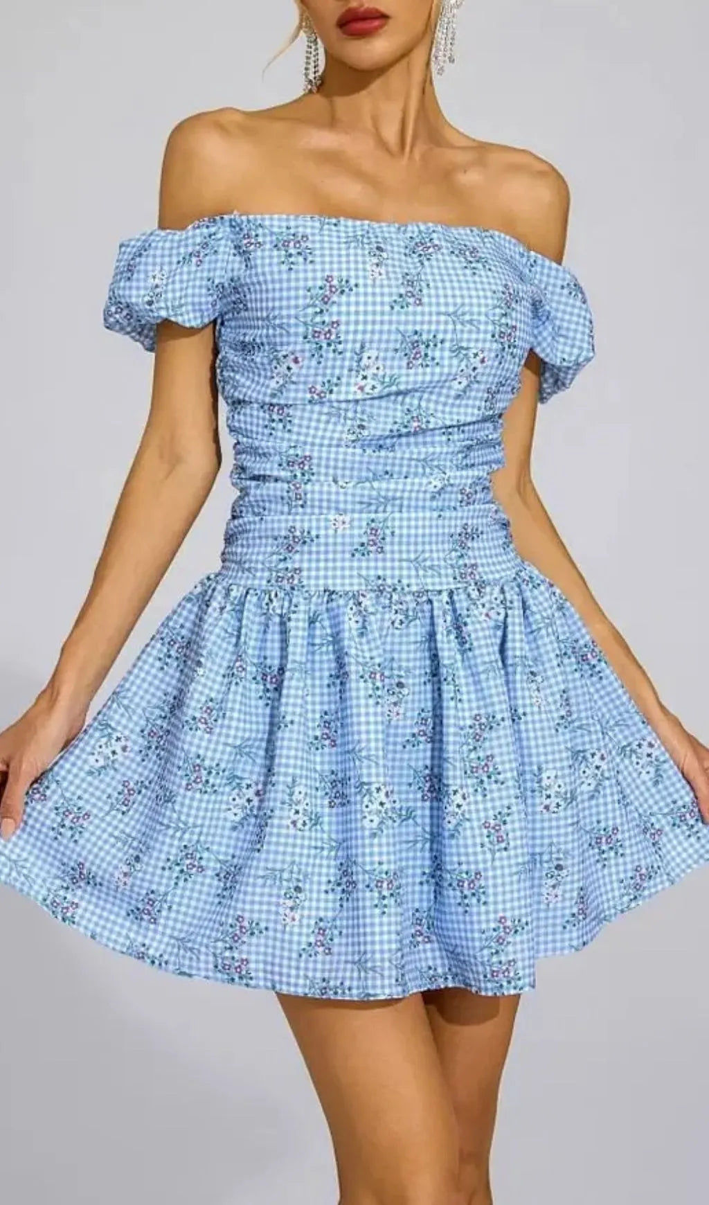 Sophia Blue Floral Off-Shoulder Mini Dress Flowering Girl