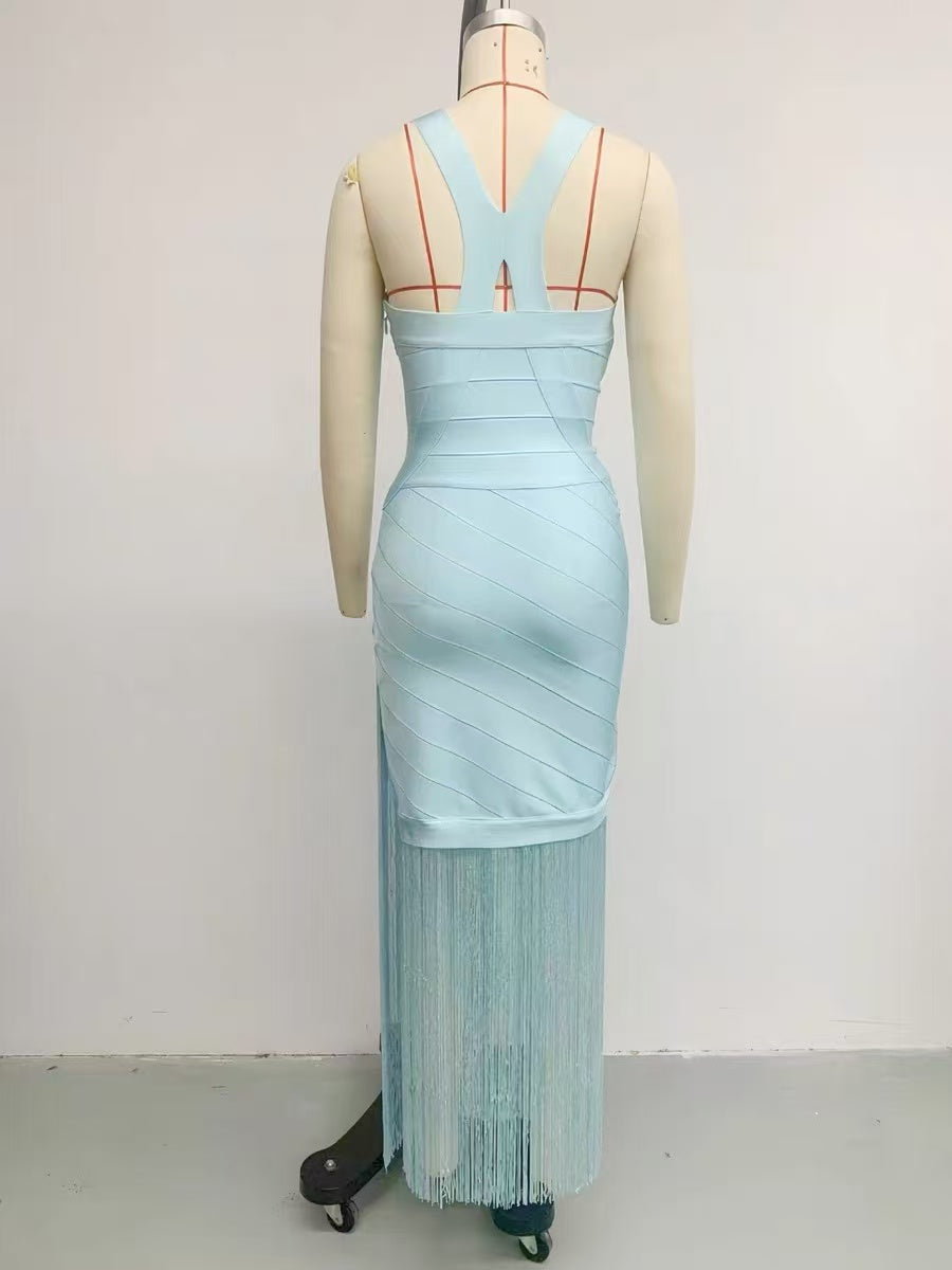 Light Blue Bandage Fringe Midi Dress Flowering Girl