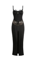 Satin Lace-Trimmed Slit Slip Maxi Dress In Black Flowering Girl
