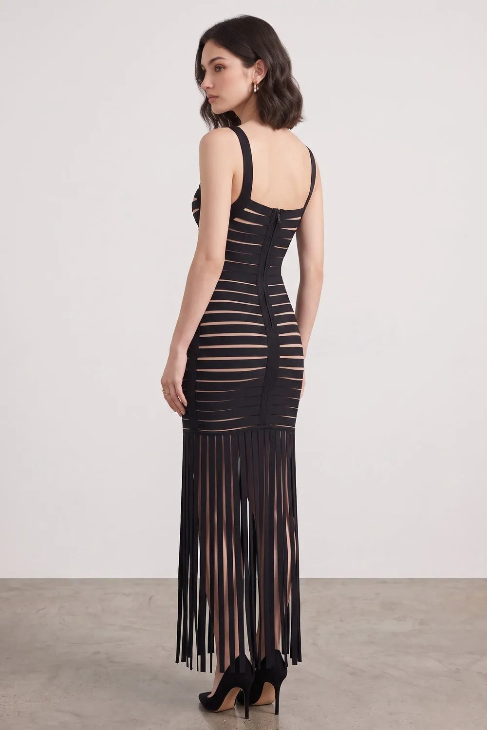 Black Bandage Knit Fringe Maxi Dress Flowering Girl