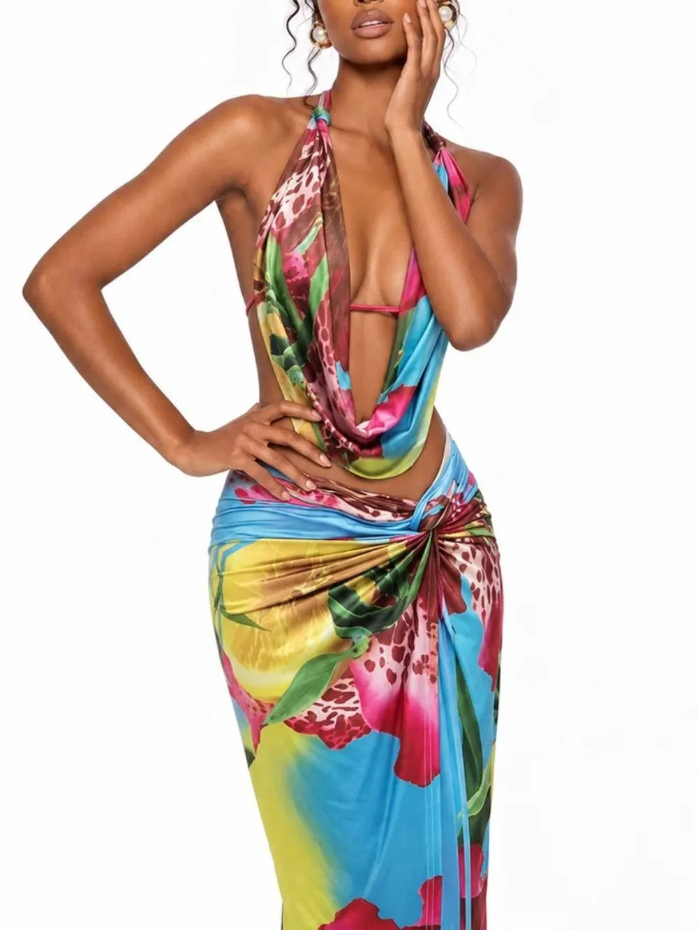 Maysel Cowl Neck Floral Split Skirt Set Flowering Girl