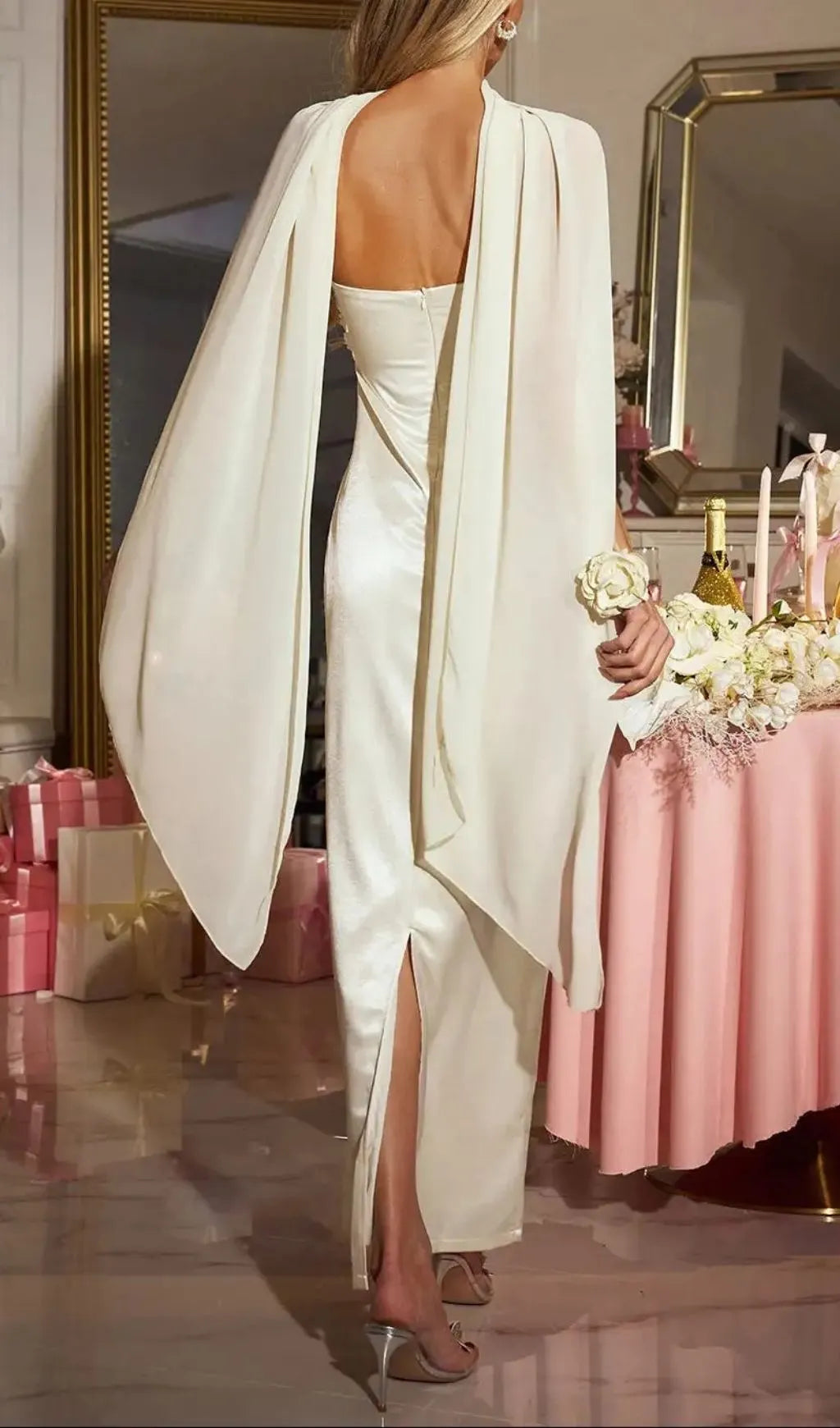 Jessica Cape Flower Sequin Satin Maxi Dress In Ivory Flowering Girl