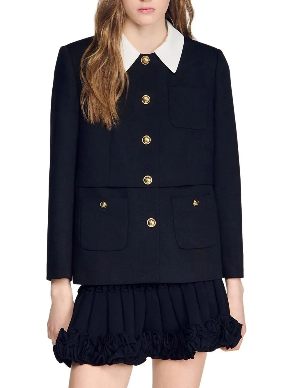Contrast Collar Wool Jacket Flowering Girl