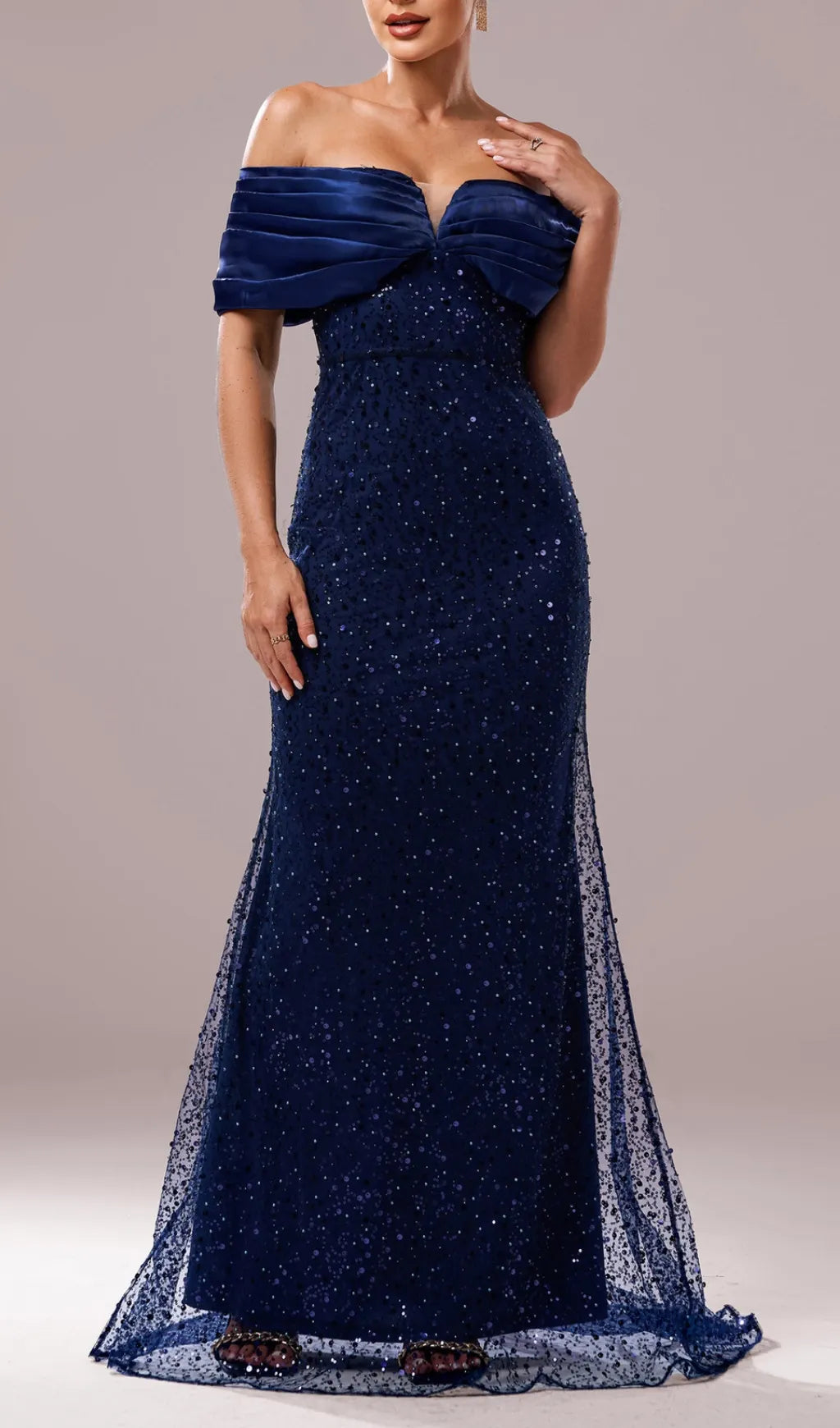 Dorit Navy Off-Shoulder Sequin Maxi Dress Flowering Girl