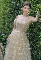 Sabrina Flower Embellished Strapless Maxi Dress In Beige Flowering Girl