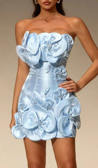 Ultharic Strapless Flower Rhinestone Mini Dress In Baby Blue Flowering Girl