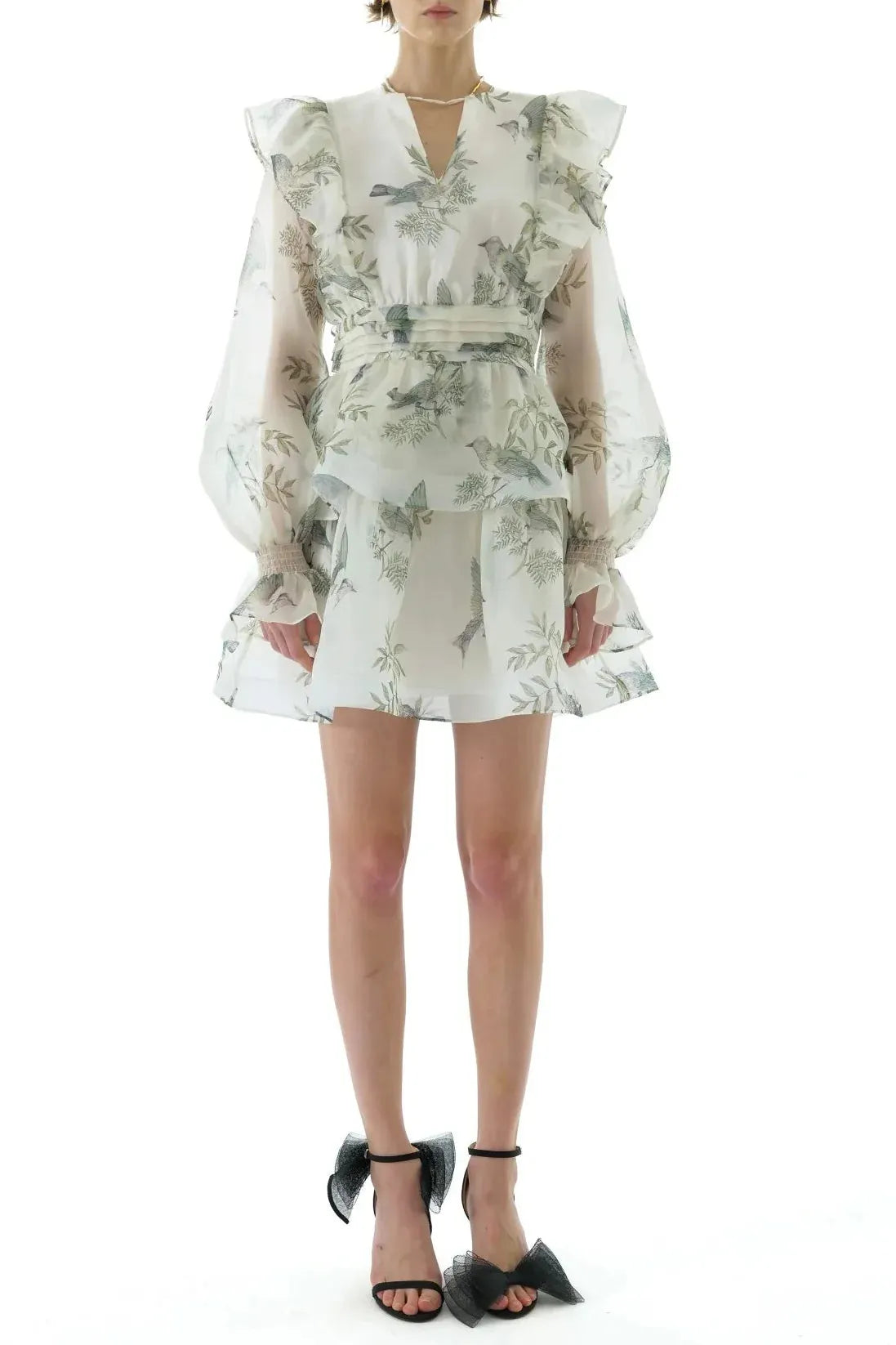 Norma Floral Print Silk Organza Tie Neck Mini Dress Flowering Girl