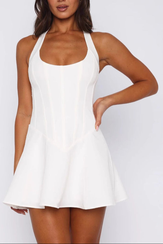 Roxanne Backless Halter Mini Dress In White Flowering Girl