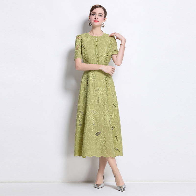 dana hollow embroidery lace midi dress in green Flowering Girl