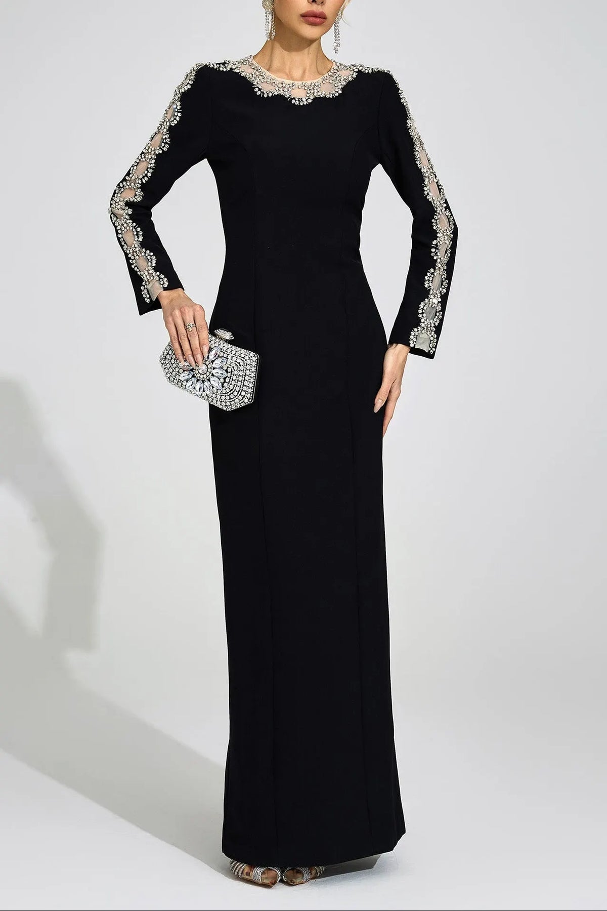 Tiffany Rhinestone Embellished Cutout Maxi Dress - Black Flowering Girl